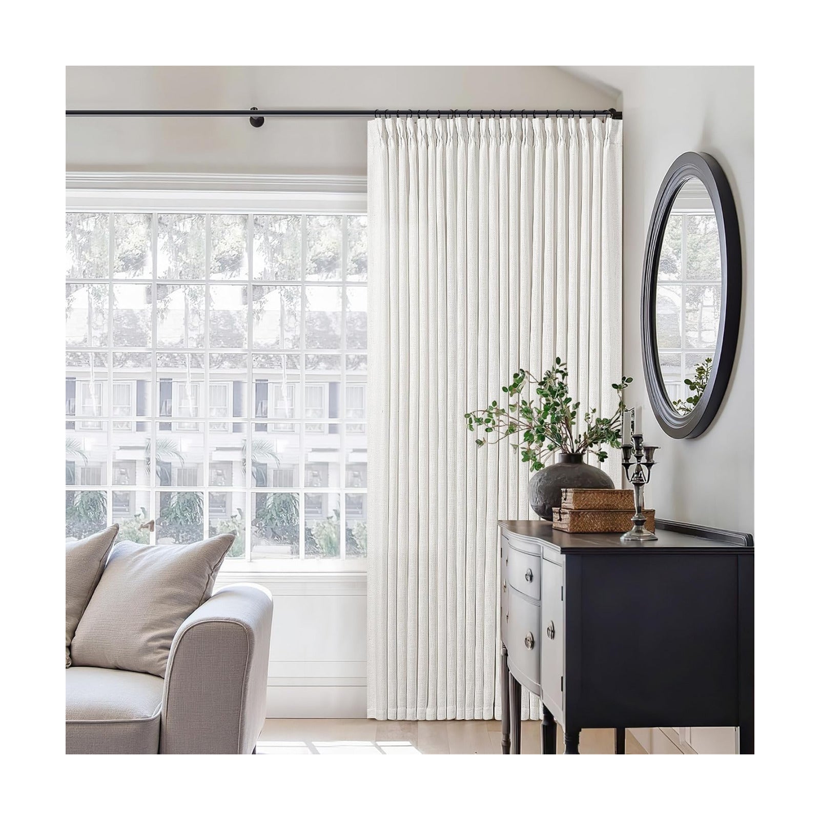 TWODRAPES Beige White Pinch Pleated Linen 92 Inch Curtains 60 Inch Width