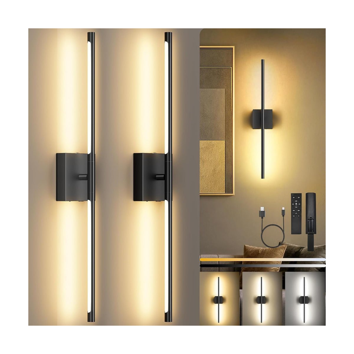 10000mAh Rechargeable Wall Lights, Black, 29 Inch, 3CCT, 2 Pack | Battery Operated Wall Sconces Set of 2, Remote