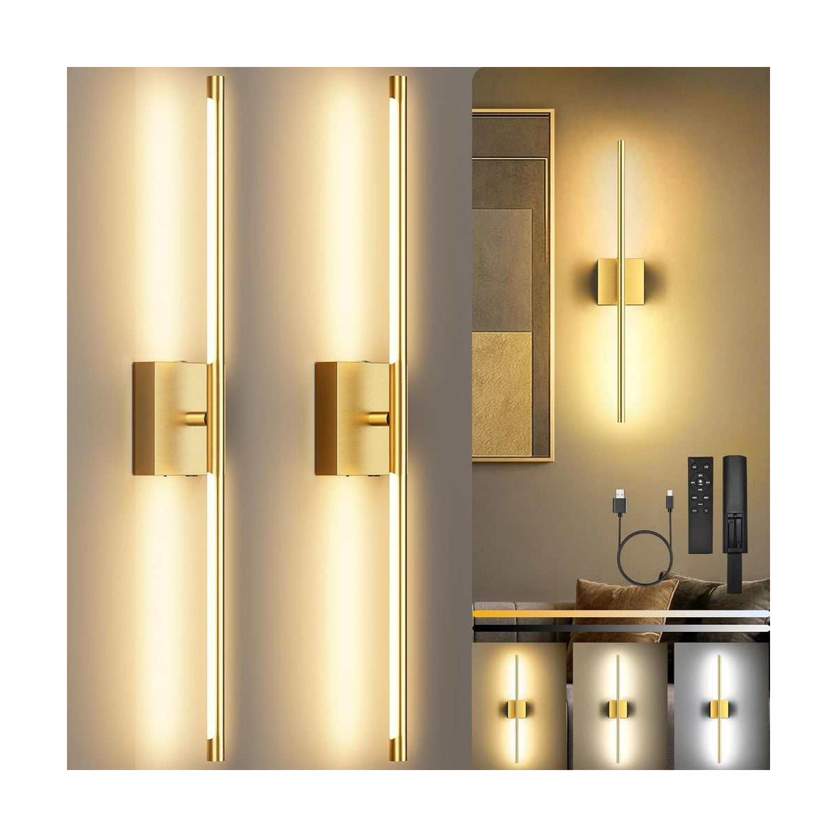 10000mAh Rechargeable Wall Lights, Gold, 29 Inch, 3CCT, 2 Pack | Battery Operated Wall Sconces Set of 2, Remote