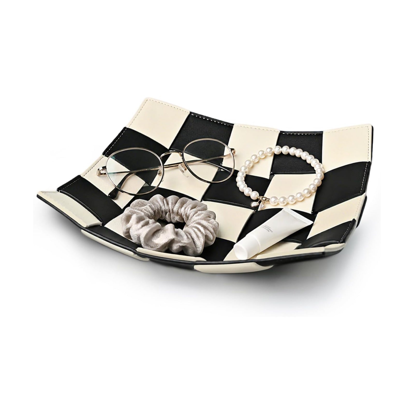 Black and White Checkered Valet Tray PU Leather Key Holder Bowl / Black and White Checkerboard