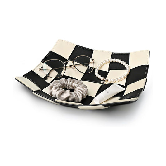 Black and White Checkered Valet Tray PU Leather Key Holder Bowl / Black and White Checkerboard