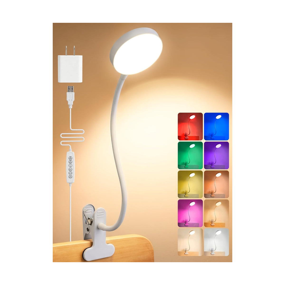 Clip on Light,10 Colors RGB Desk Lamp with Clamp,10 Dimmable Reading Lamp | 500 Lumen Eye-Caring Clip on Lamp,360°