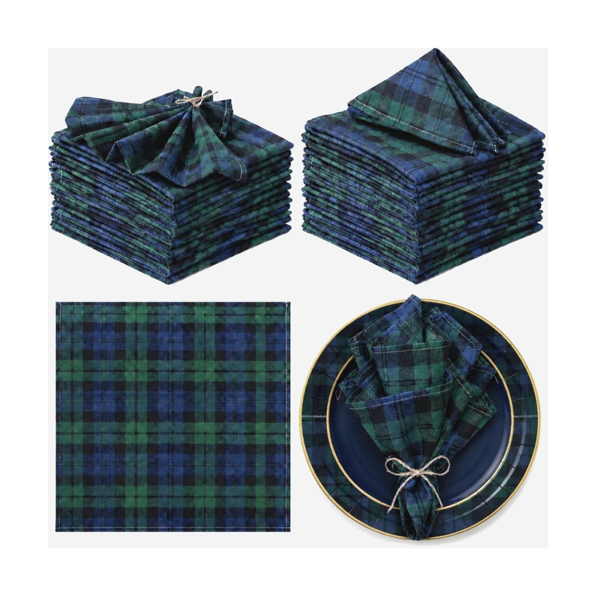Funnymoom 24 Pcs Christmas Linen Plaid Cloth Napkins Blue and Green