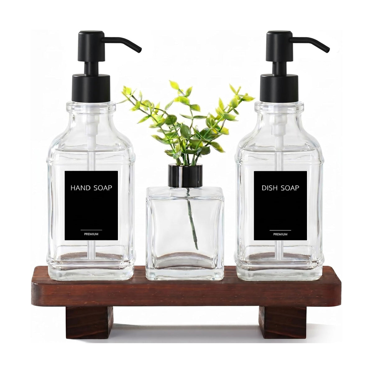 Kitchen Soap Dispenser Set with Wood Tray, Clear Glass Soap Dispenser with Pump, Decorative Hand and Dish Soap