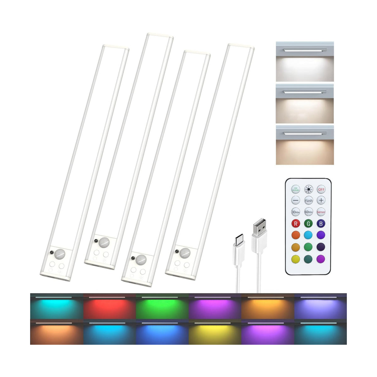 Under Cabinet Lighting,RGB Motion Sensor Night Lights,Rechargeable Under Cabinet Lights,15 Colors Dimmable Bar Light