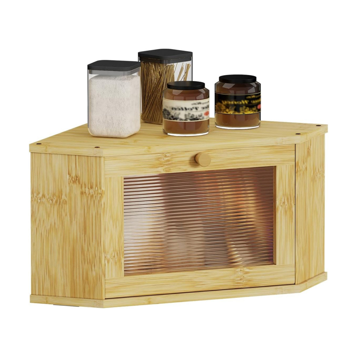 Corner Bread Box For Kitchen Countertop,Bread Storage Bin (Natural, Medium) | Small Bamboo Bread Container,Corner Shelf