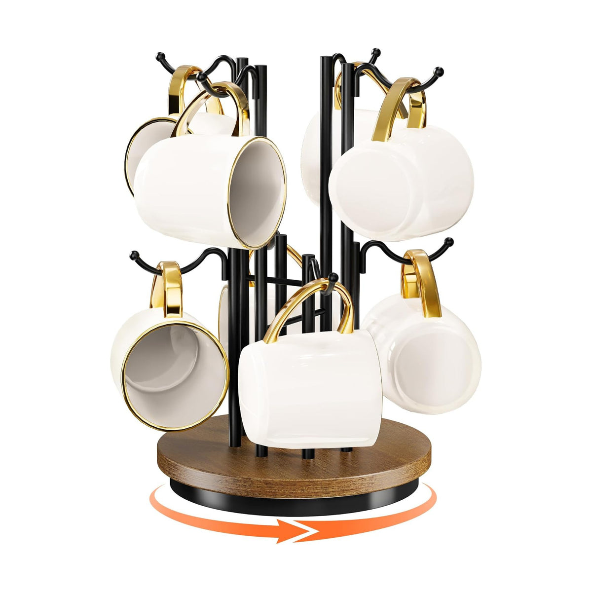 8-Hook 360° Rotating Large Coffee Mug Tree for Counter, Wood Base, Brown | 360° rotation, 8 mugs (12-16oz), 5.7"