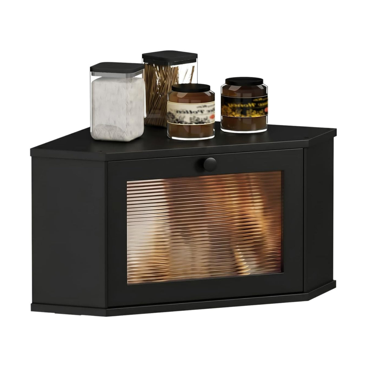 Corner Bread Box For Kitchen Countertop,Bread Storage Bin (Black, Medium) | Small Bamboo Bread Container,Corner Shelf