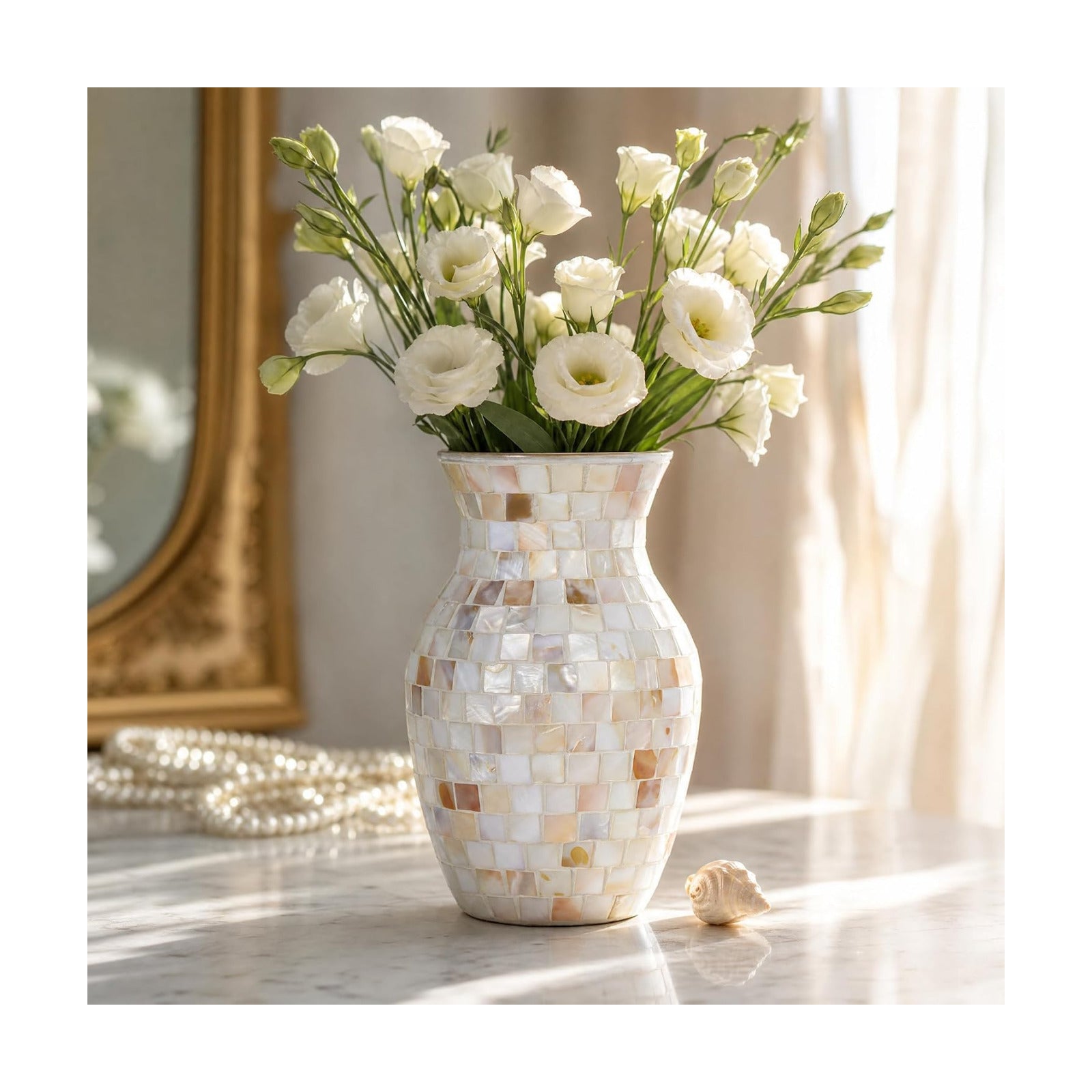 Handmade Pearlescent Glass Flower Vase / Natural Shell Iridescent White