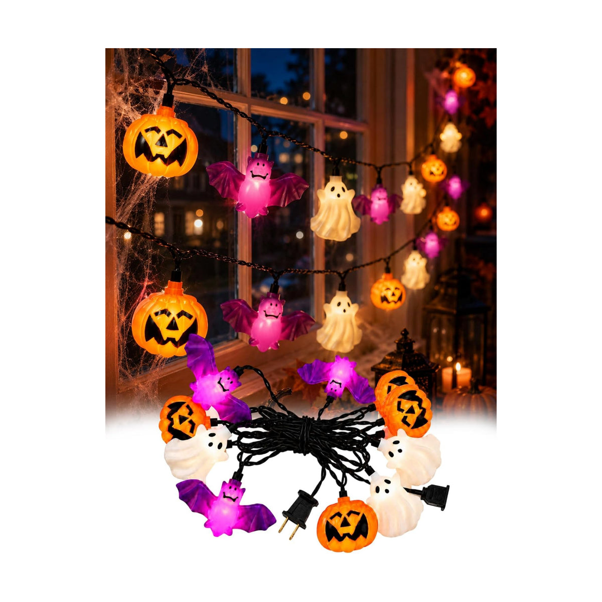 8.5FT Halloween Pumpkin Bat Ghost Lights, Plug-in 10 LED Decor