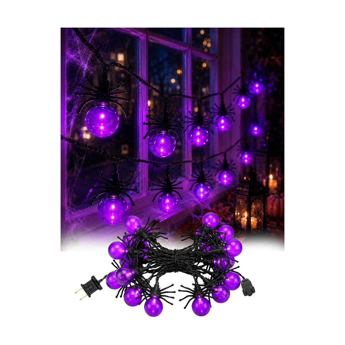 12FT Halloween Purple Spider String Lights, Plug-in 20 LED Decor