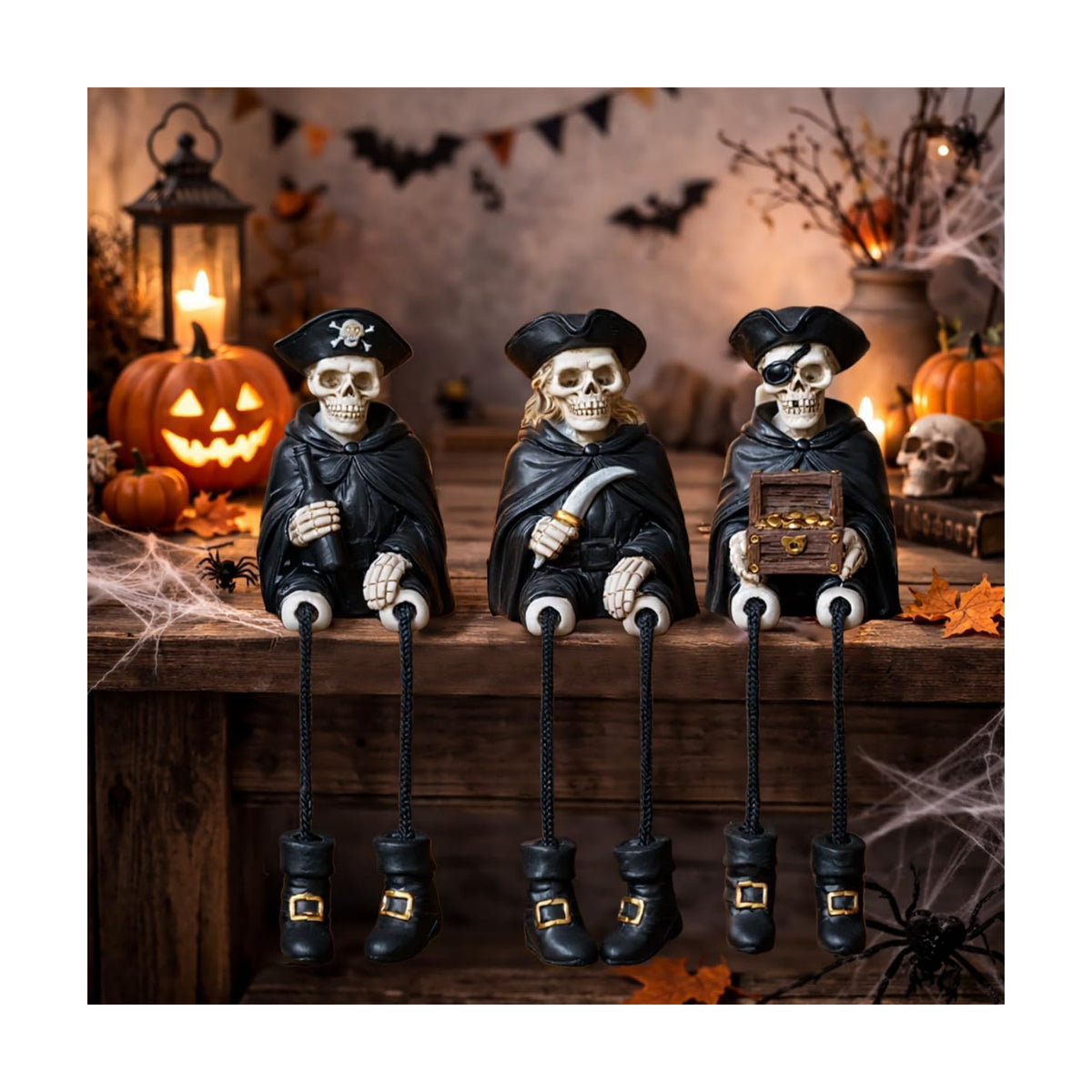Dlfghos Halloween Skeleton Decor Set of 3 Pirate Skeleton Figurines Halloween Indoor Decorations Statue Skull Figurine Home Decor for Coffee Table Desk Bookshelf Mantel Gifts