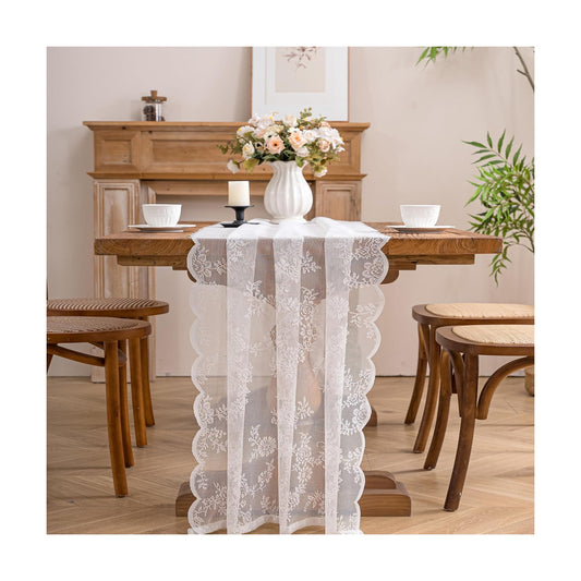 White Lace Table Runner with Floral Embroidered (1pcs 28”x118”)