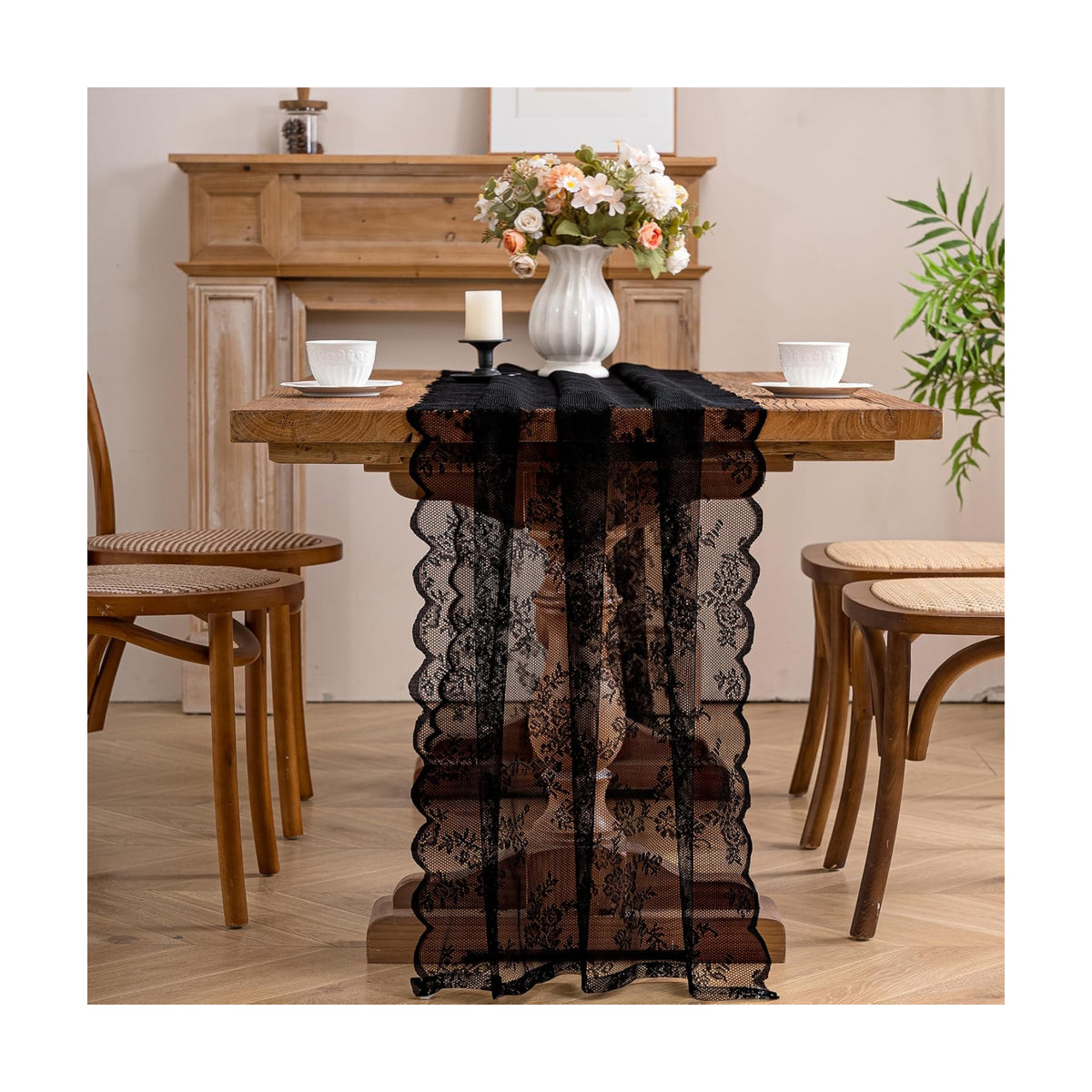 Black Lace Table Runner with Floral Embroidered (3pcs, 28”x118”)
