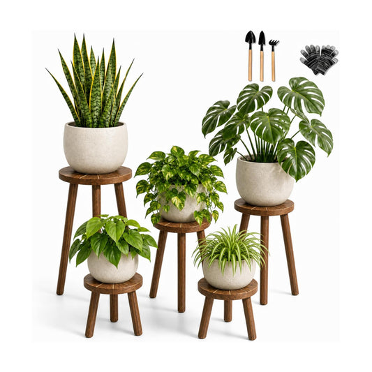5-Pack Single Wood Plant Stands for 6-12 Inch Pots, Indoor Set | Five Heights Create a Balanced, Layered Plant