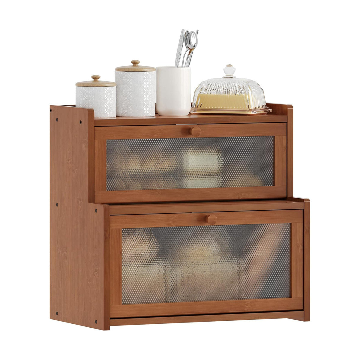 Bread Box for Kitchen Countertop, Large Bamboo Bread Storage Container with Double Layer, Bread Holder for Homemade