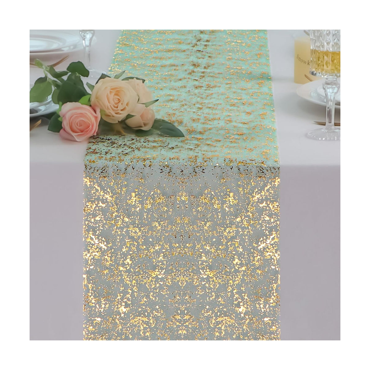 Snowkingdom Sage Green Gold Table Runner 2Pcs 108" Metallic Foil Sequin Glitter Thin Sheer Mesh Fabric Decorations for Wedding Birthday Christmas Party Centerpieces Reception Dining Home Holiday