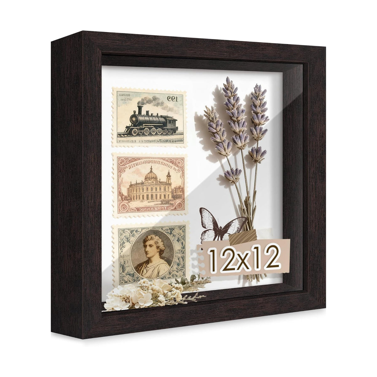 12x12 Brown Wooden Shadow Box Frame, 1.2" Deep, Tempered Glass | Black Backboard, Tabletop & Vertical/Horizontal Wall