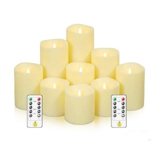 Sasigeiaa Flameless Candles with Remote - 9 Pack Battery Operated LED Candles, Realistic Fake Candles (D3 x H3/4"/5"/6"/7" Assorted, Ivory) for Wedding Centerpieces, Home Decor, Party