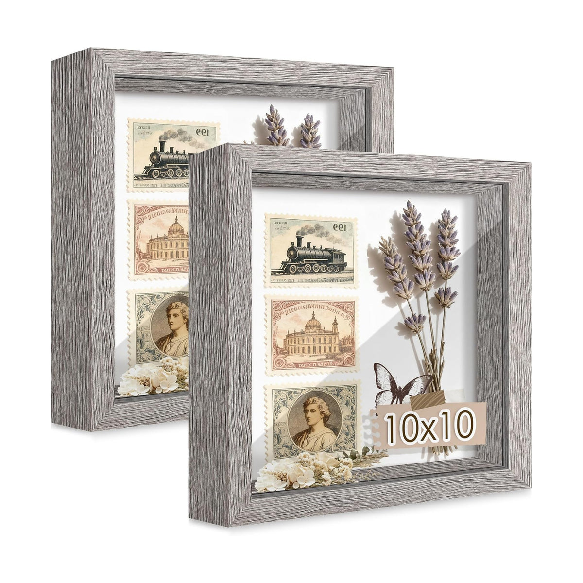 10x10 Gray Wooden Shadow Box Frame, Tempered Glass, 2 Pack | Black Backboard, Tabletop & Vertical/Horizontal Wall