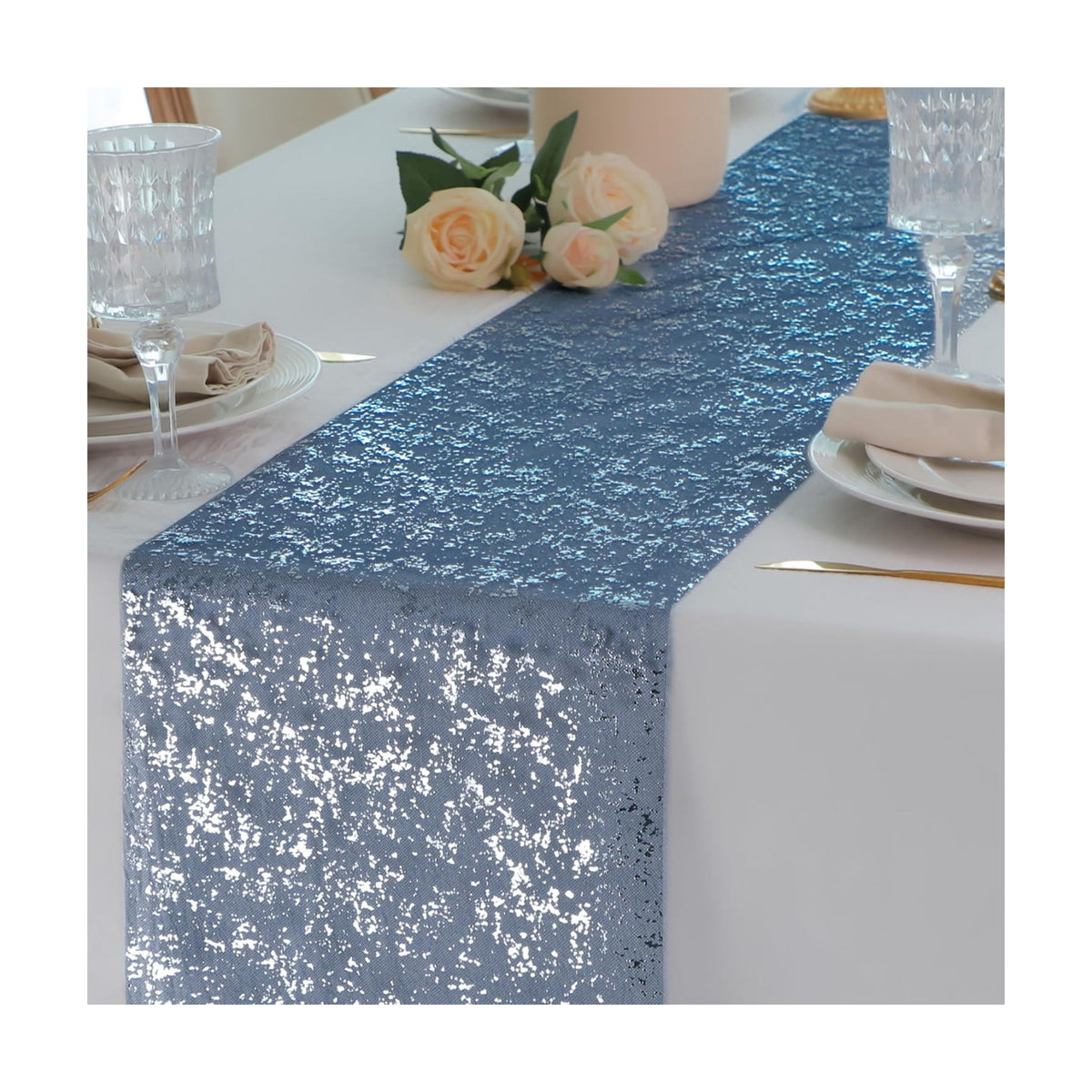 2 Pcs Navy Blue Silver Table Runner, Glitter Metallic Foil Mesh Roll 108"