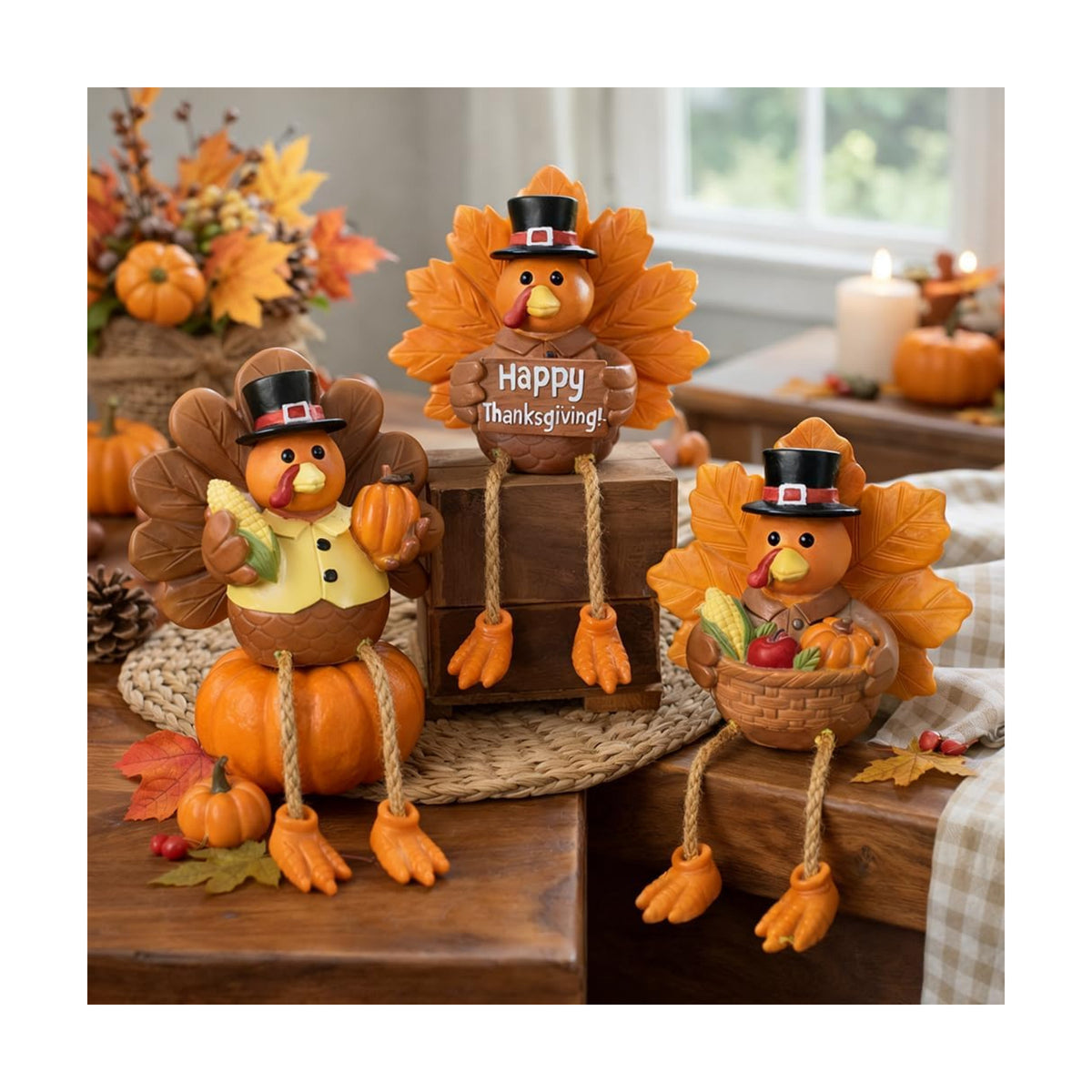 Thanksgiving Turkey Tabletop Centerpiece Decor Resin Turkey Figurines Set of 3 Fall Turkey Shelf Sitter Decor for Thanksgiving Table Decorations Tiered Tray Mantel Shelf Kitchen Entryway Decoration