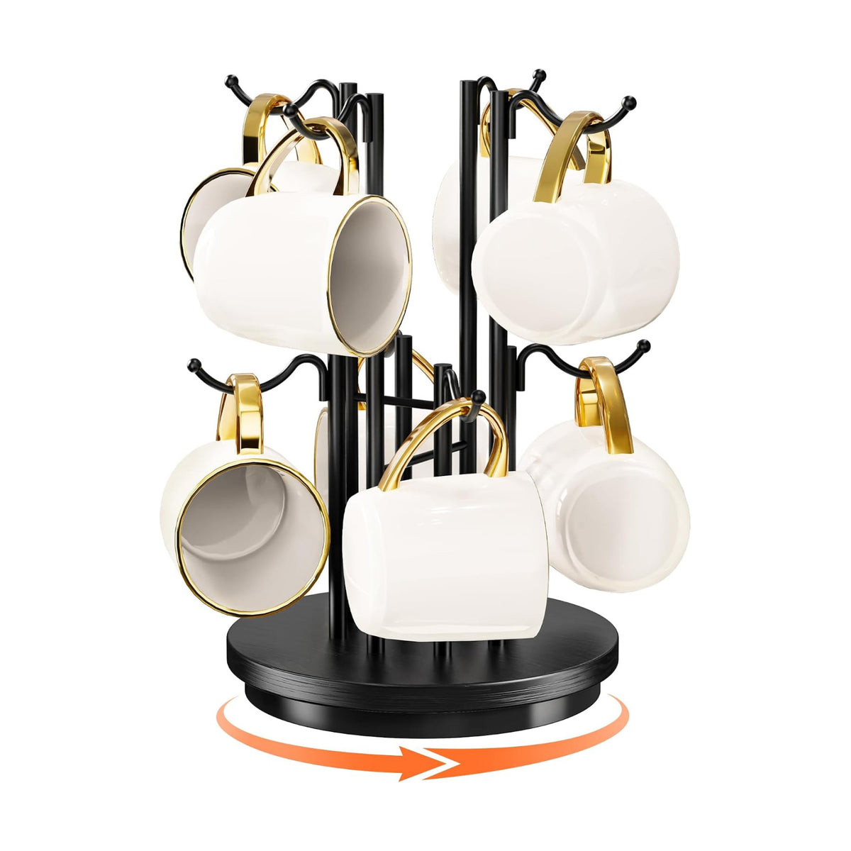 8-Hook 360° Rotating Large Coffee Mug Tree for Counter, Wood Base, Black | 360° rotation, 8 mugs (12-16oz), 5.7"