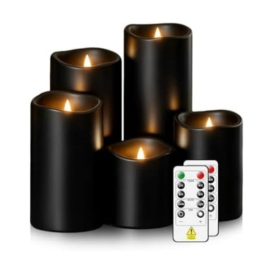 kakoya Flameless Candles with Remote Control and Timer,Flickering Battery Operated LED Pillar Candles Plastic Set of 5(D 3" x H 3" 4" 5" 6" 7") Black