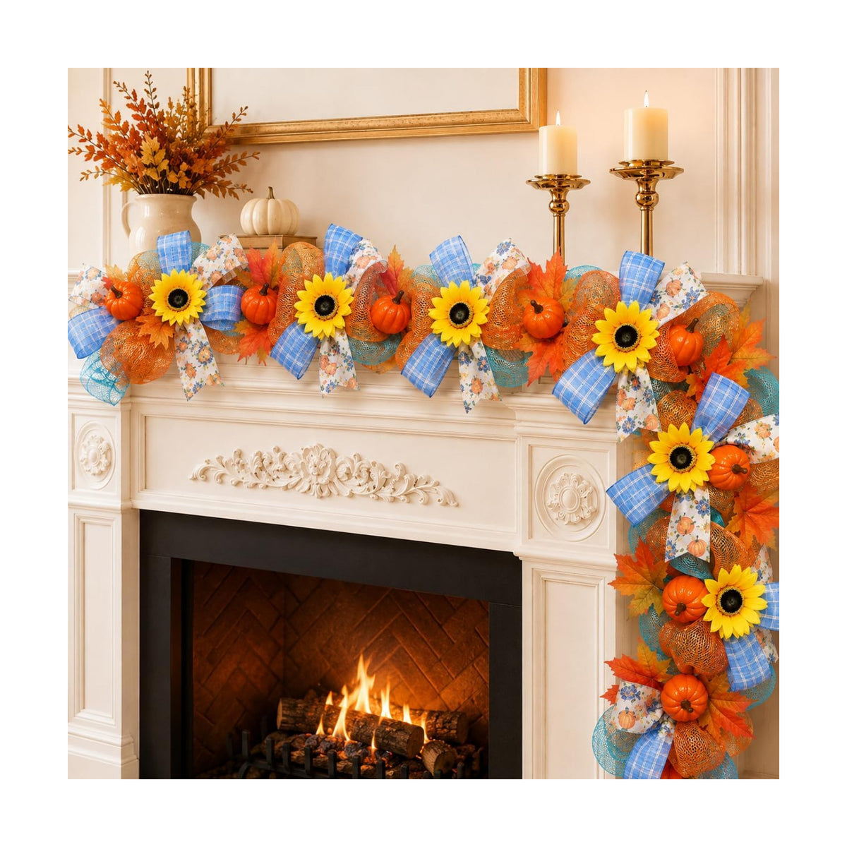 Fall Garland for Mantle 6FT Pumpkin Sunflower Mesh Autumn Decor