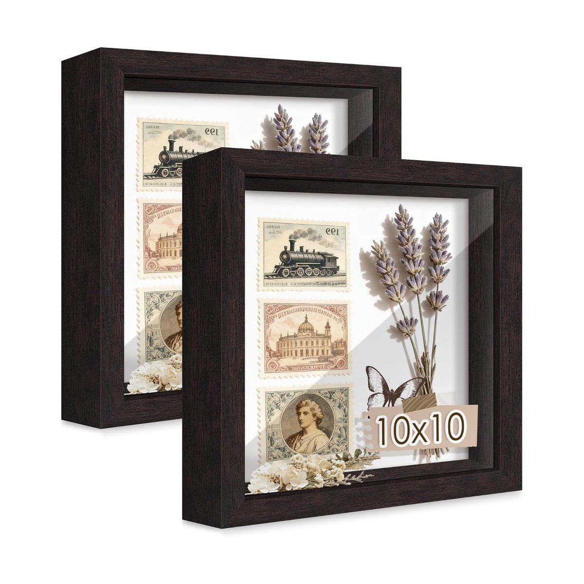10x10 Brown Wooden Shadow Box Frame, Tempered Glass, 2 Pack | Black Backboard, Tabletop & Vertical/Horizontal Wall