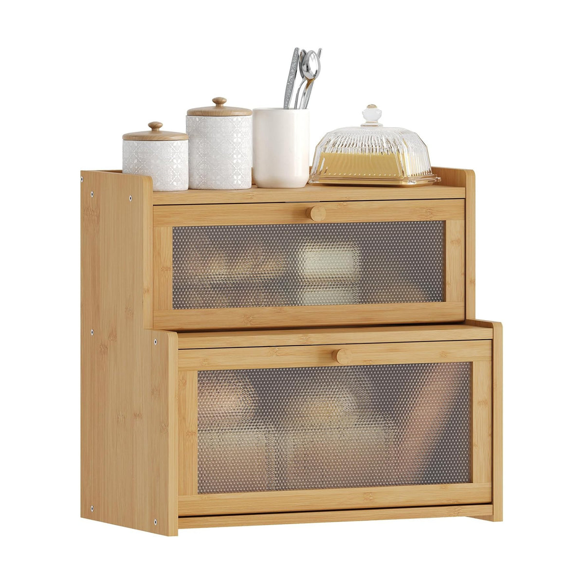 Bread Box for Kitchen Countertop, Large Bamboo Bread Storage Container with Double Layer, Bread Holder for Homemade