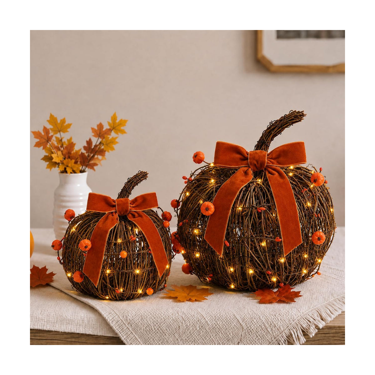 Lighted Fall Pumpkin Decor 2 Pack Rattan Pumpkins with Velvet Bow