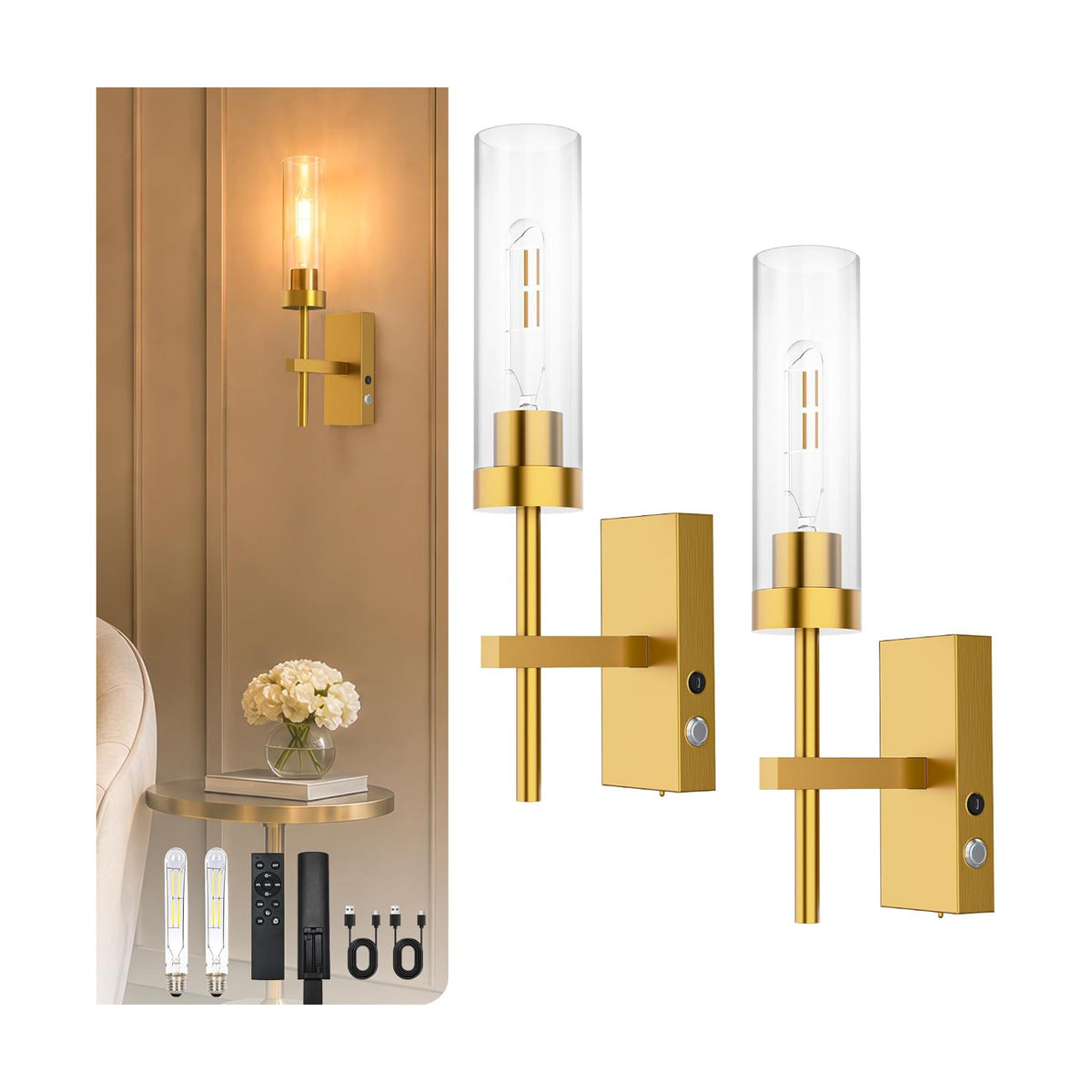 10000mAh Battery Operated Wall Sconces Set of 2, Gold-17 Inch | Warm White, Renter Friendly, Dimmable, Remote