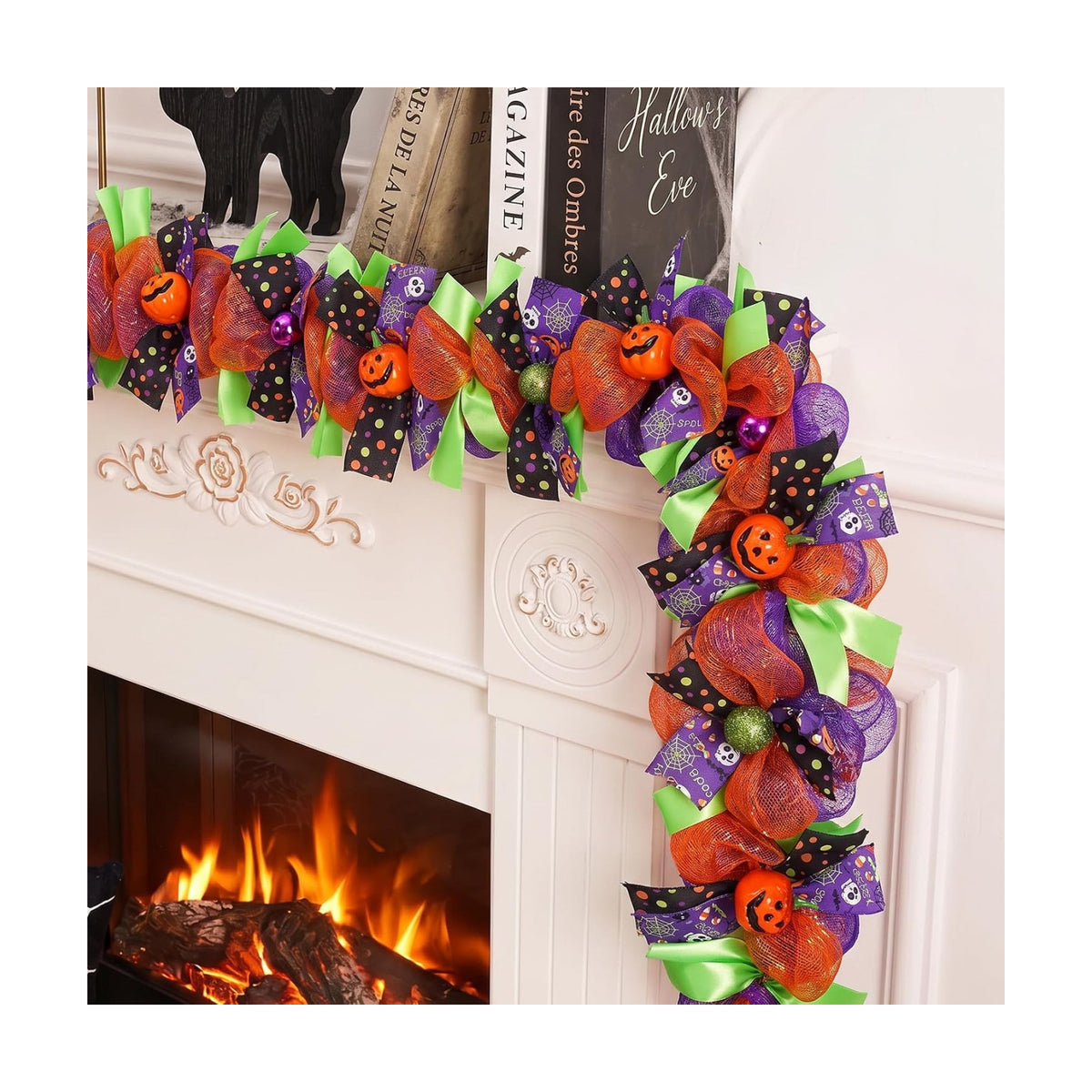 Halloween Garland for Mantle with Pumpkin Mesh Ribbons 6Ft