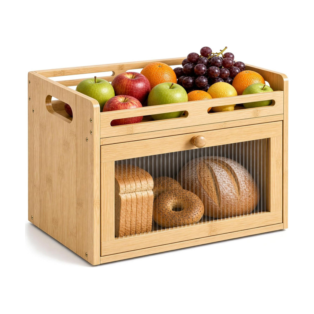 Bread Box for Kitchen Countertop, Bamboo Storage with Raised Top Shelf | Acrylic Window, Rear Vents, Magnetic Closure