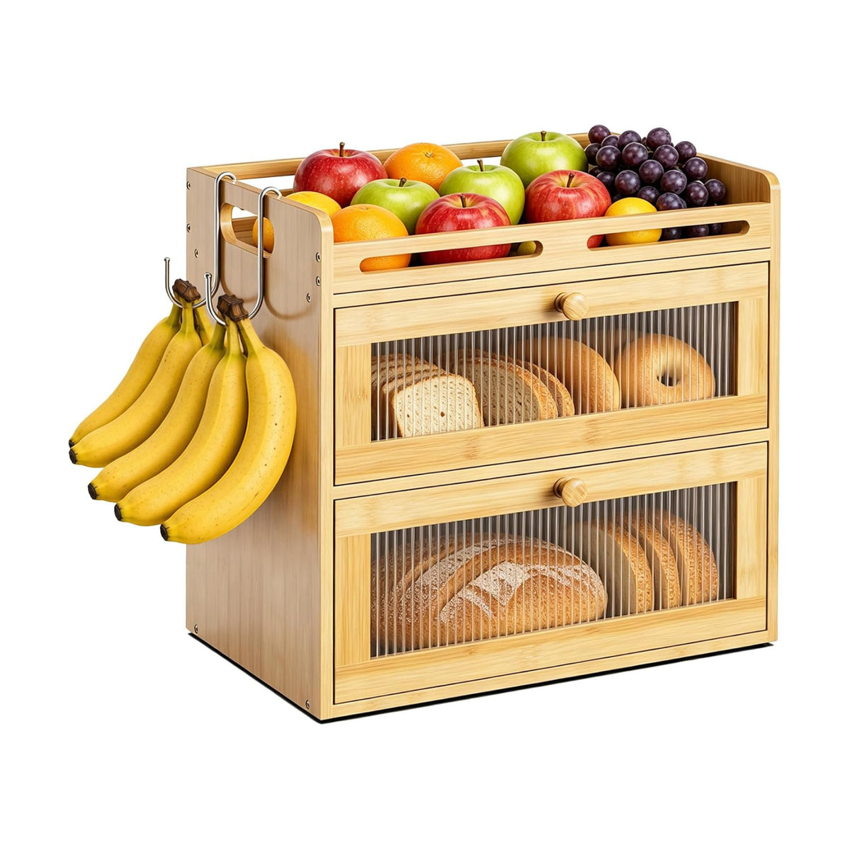 Bread Box for Kitchen Countertop, 2-Tier Bamboo Storage with Top Shelf | Large Capacity Bread Container, 2 Banana