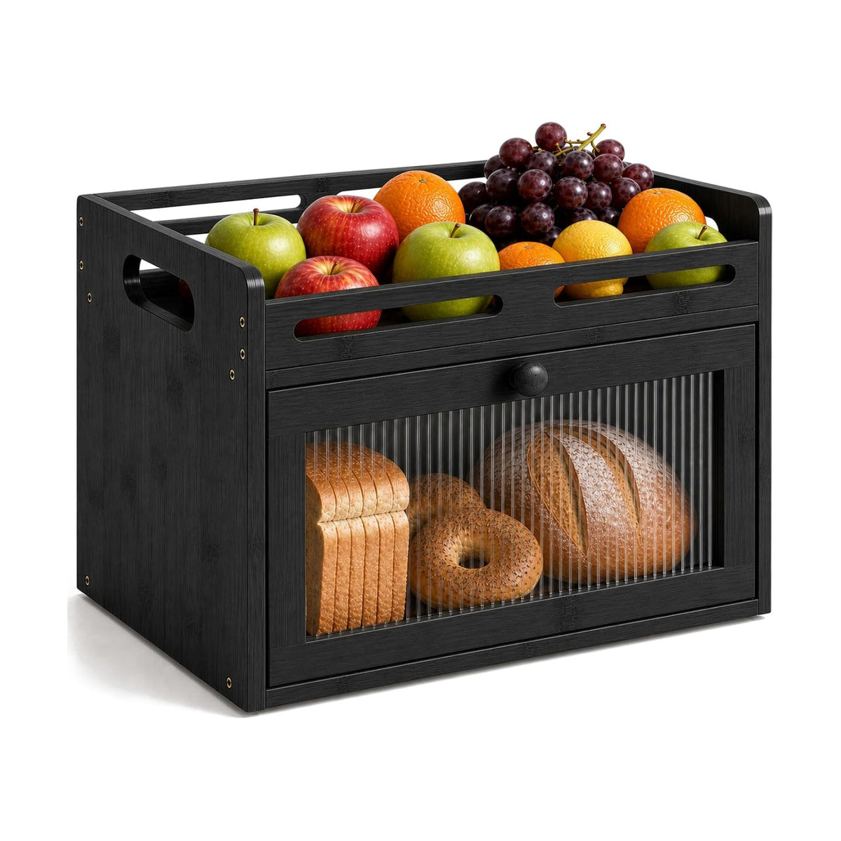 Bread Box for Kitchen Countertop, Bamboo Storage with Top Shelf, Black | Large Capacity, Acrylic Window, Rear Vents