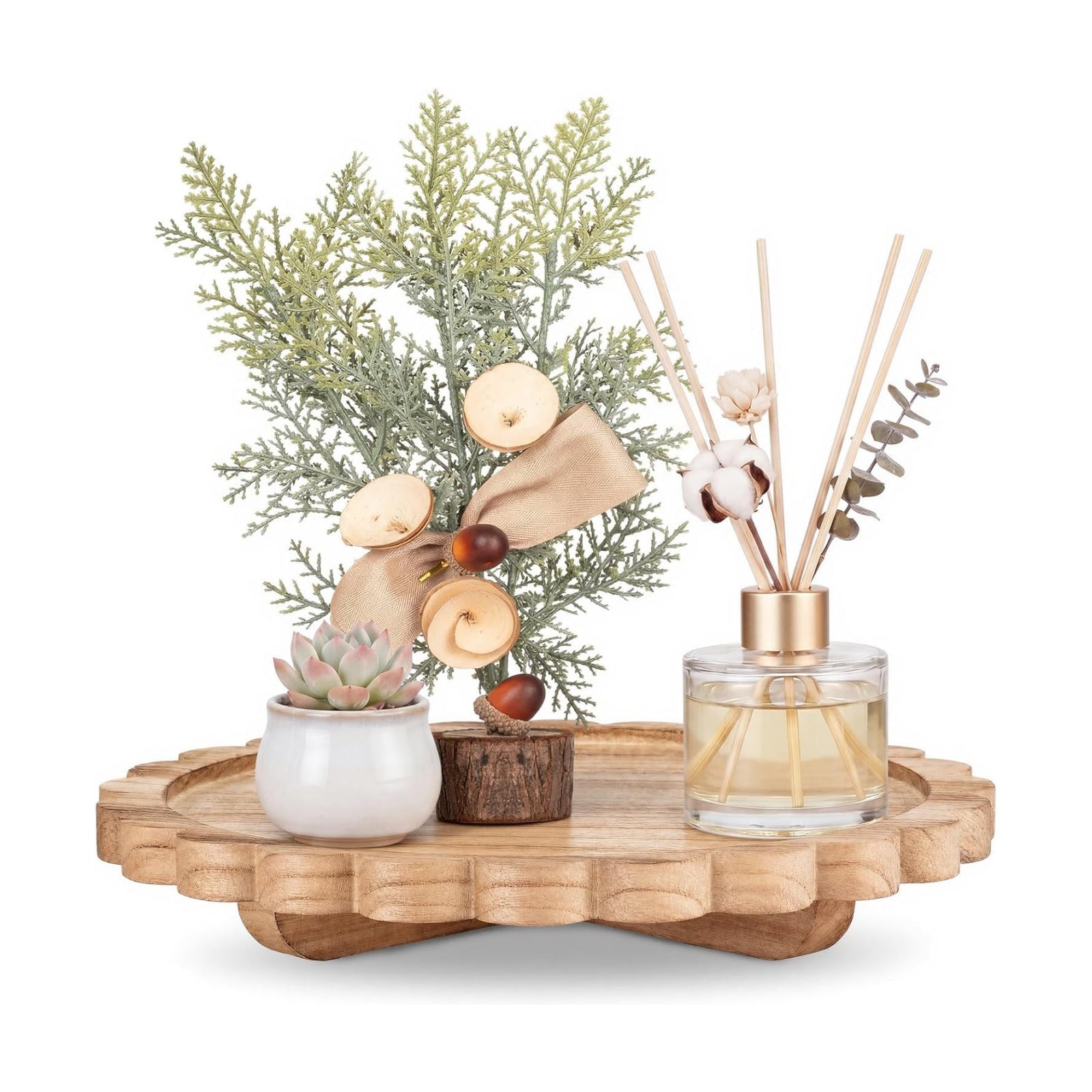 Scalloped Wood Riser Tray Soap Rustic Bathroom Decoration / Natural Wood / Round / Set of 10