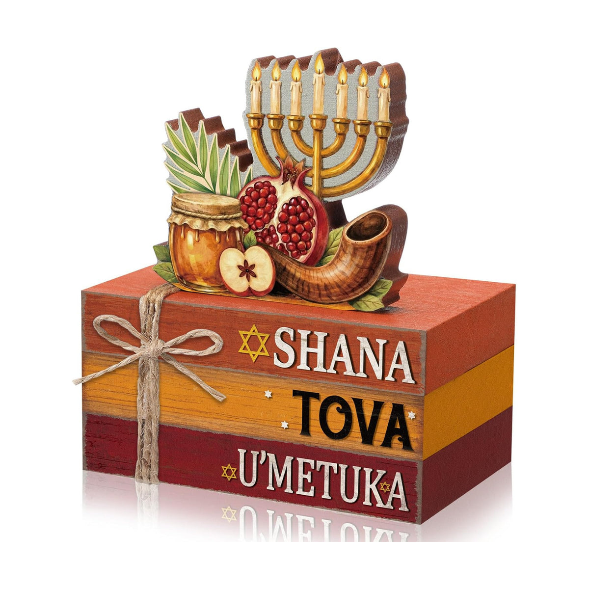Geelin 4 Pcs Rosh Hashanah Tiered Tray Decor, Jewish New Year Party Decoration, Wooden Book Stack Signs Gifts, Shana Tova Apple and Honey Farmhouse Rustic Table Centerpiece for Shelf Coffee Bar