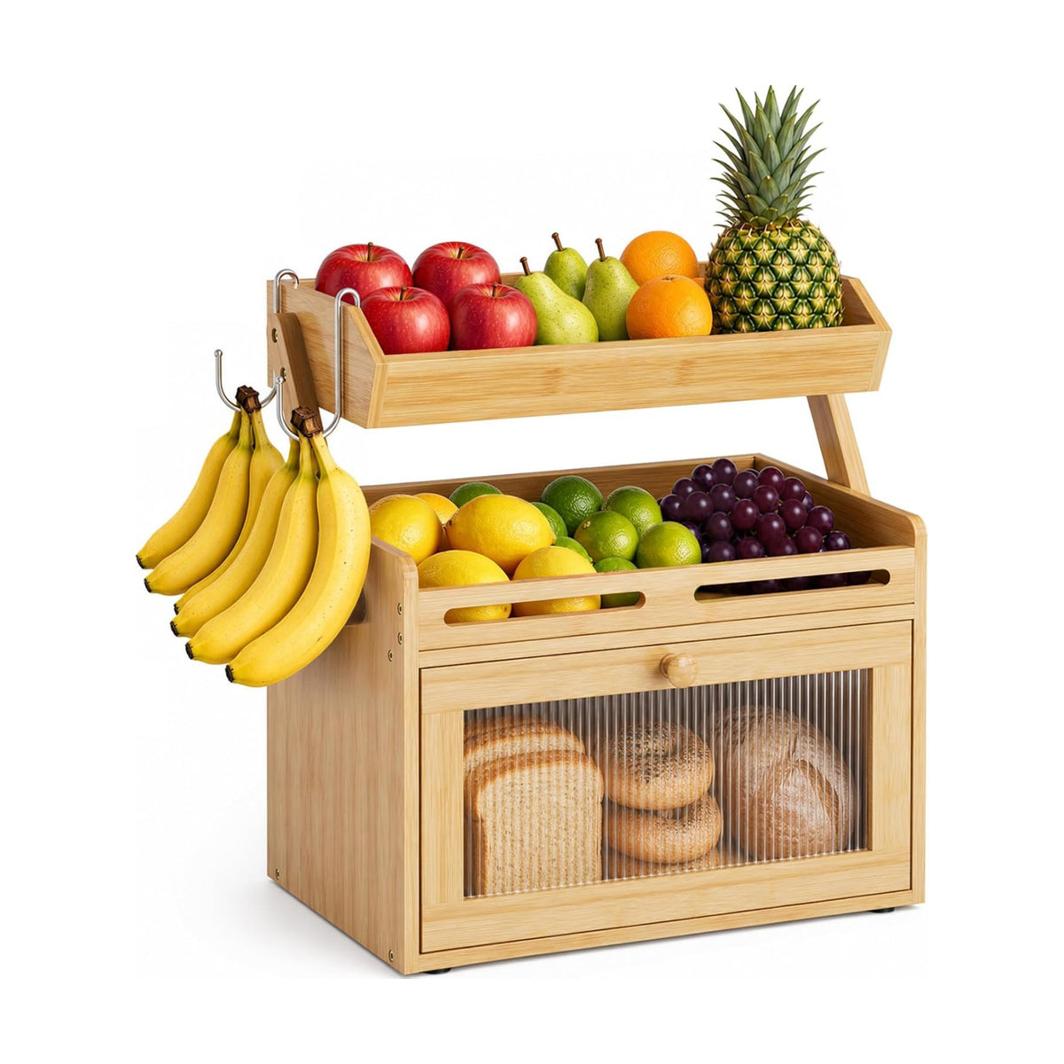 Bread Box for Kitchen Countertop, Bamboo Bread Storage with Fruit Basket | Raised-Rail Shelves, 2 Banana Hooks, Clear