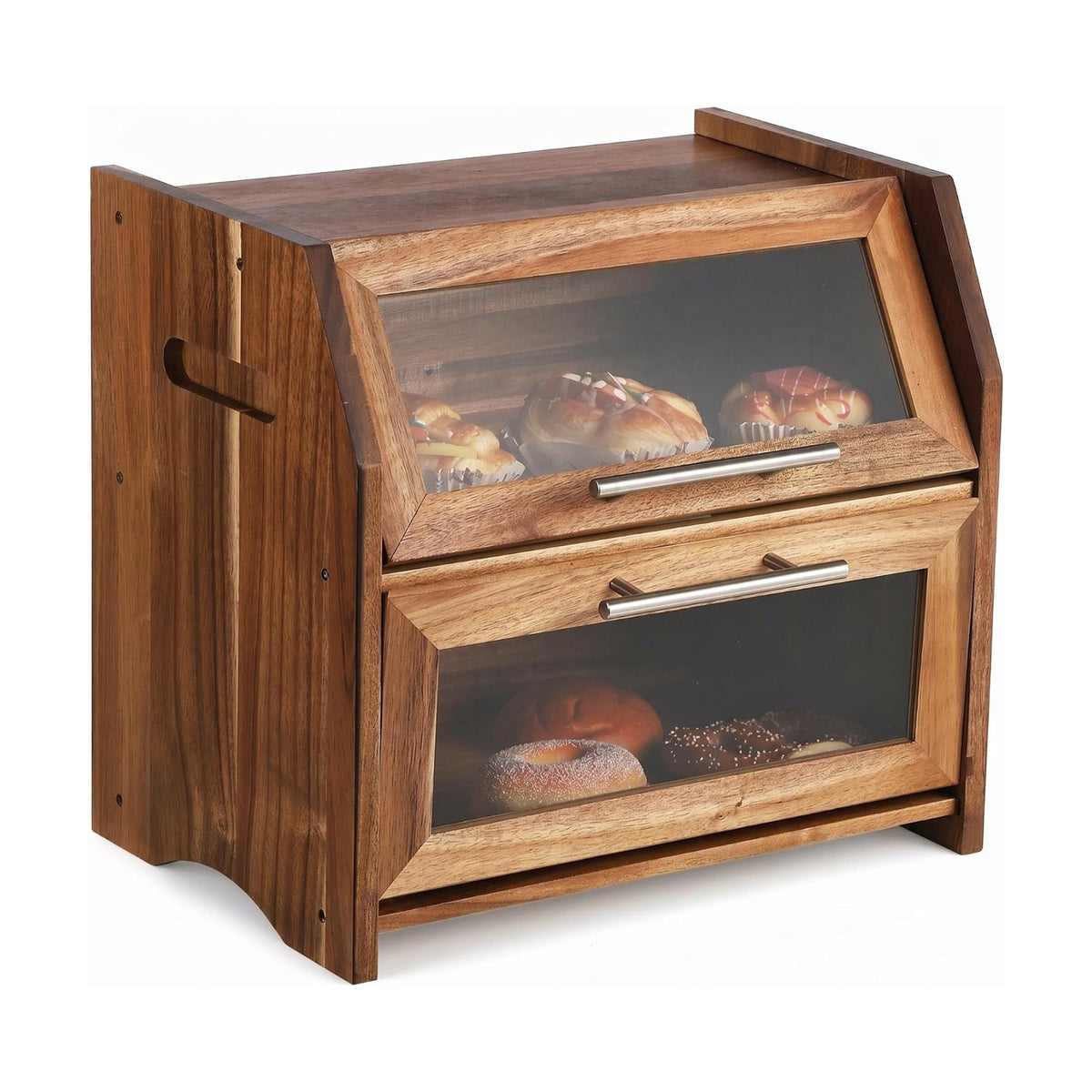 Garvee Acacia Wood Double Layer Bread Box, Clear Acrylic Door | Ventilation Design, Compact Countertop Organizer