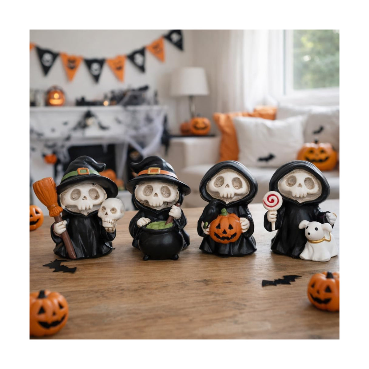 Halloween Figurines Set of 4 Halloween Decorations Indoor Table Decor Mini Skeleton Figurines Witch Skull Resin Statues Shelf Mantel Tiered Tray Decor Cute Spooky