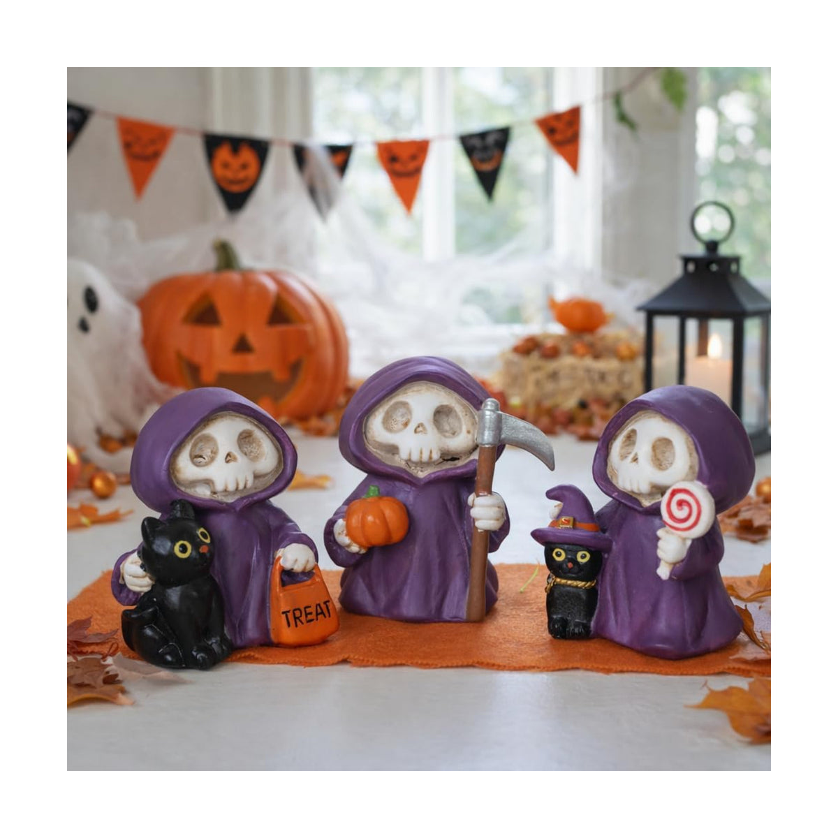 Halloween Decorations Indoor, 3 Pcs Witch Skeleton Statues for Table Mantel Shelf Decor Cute Spooky Halloween Figurines with Grim Reaper Witch Hat Black Cat, Pumpkin Skull Gothic Resin Tabletop Decor
