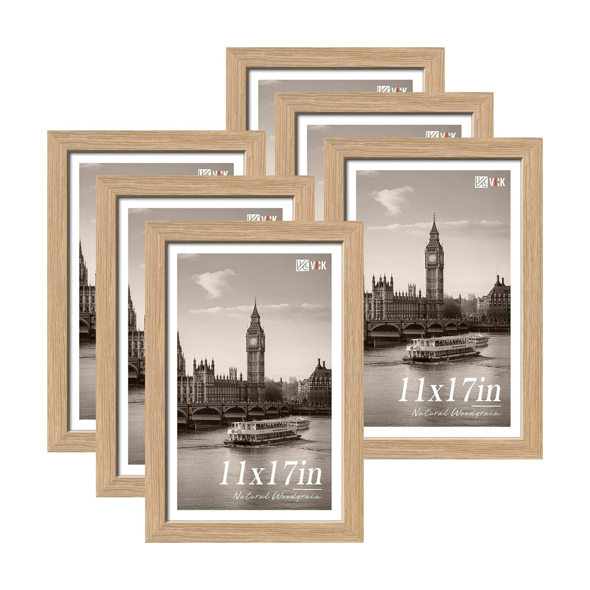 VCK 11x17 Picture Frame Set of 6, Elegant Oak Wood Prints Frame | 1.1in Wide Border, Wall Hanging, HD Plexiglass