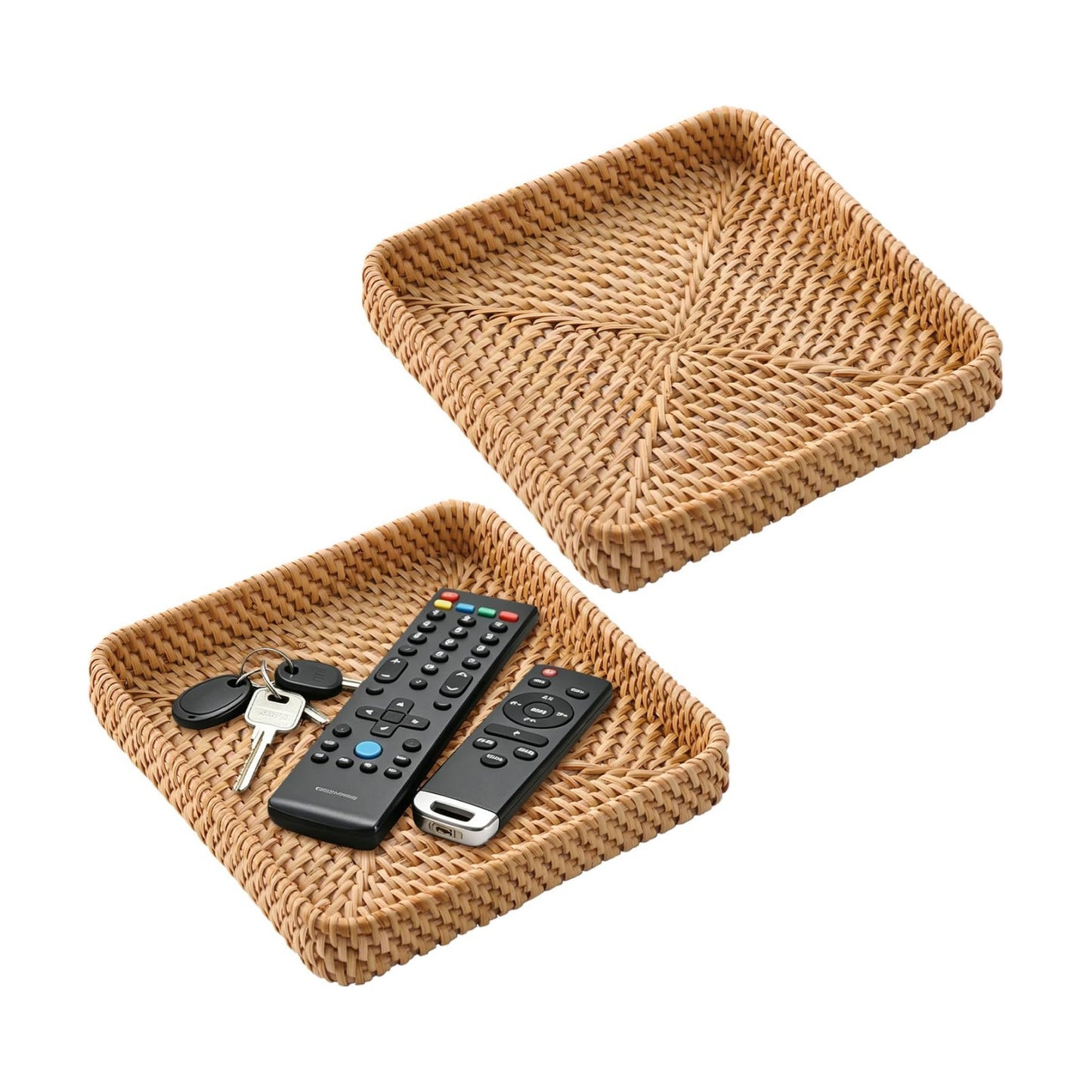 Square Rattan Tray Set 8" Vietnam Rattan Decorative Tray Entryway Key Basket Hard Wicker / Set of 2