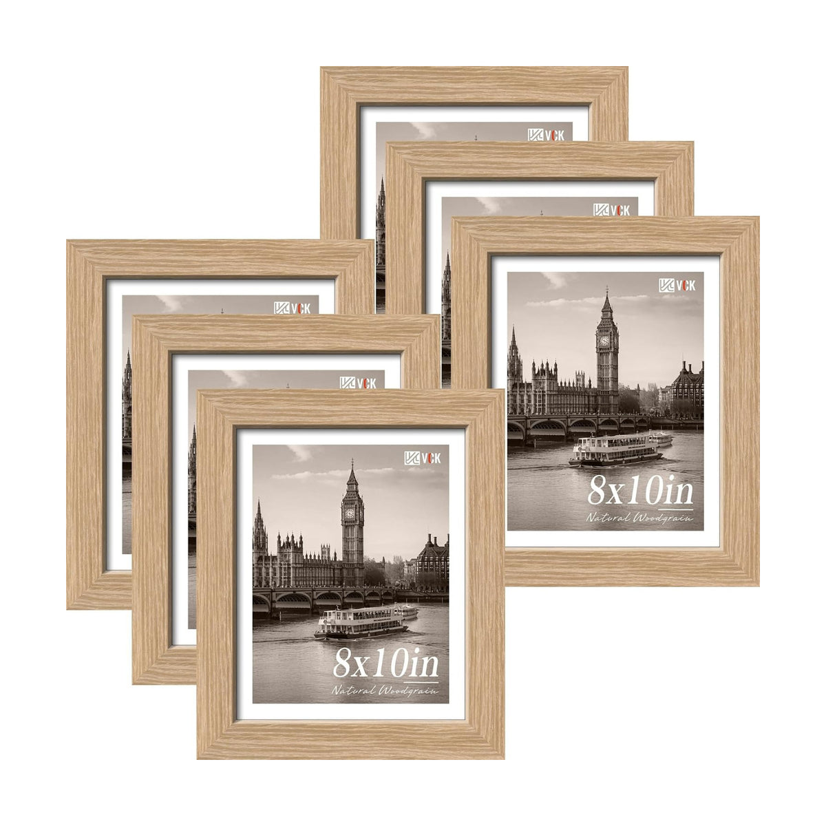 VCK 8x10 Picture Frame Set of 6, Elegant Oak Wood Portrait Frame | 1.1in Wide Border, Tabletop/Wall Hanging, HD