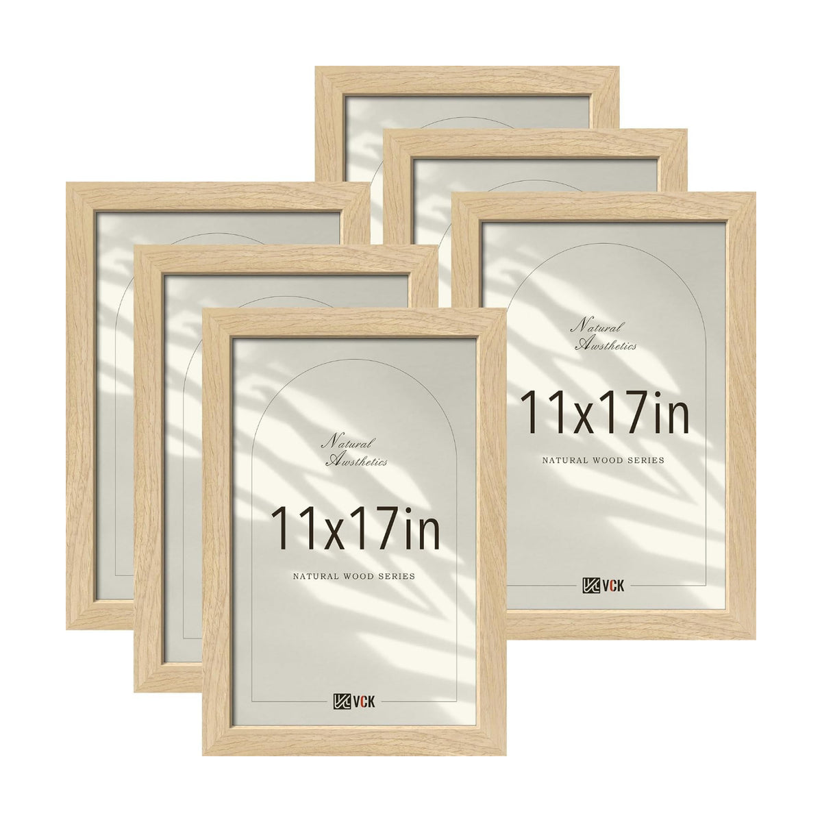 VCK 11x17 Picture Frames Set of 6, Natural Solid Wood, Wall Hanging | Wide Border, Light Woodgrain, Shatterproof