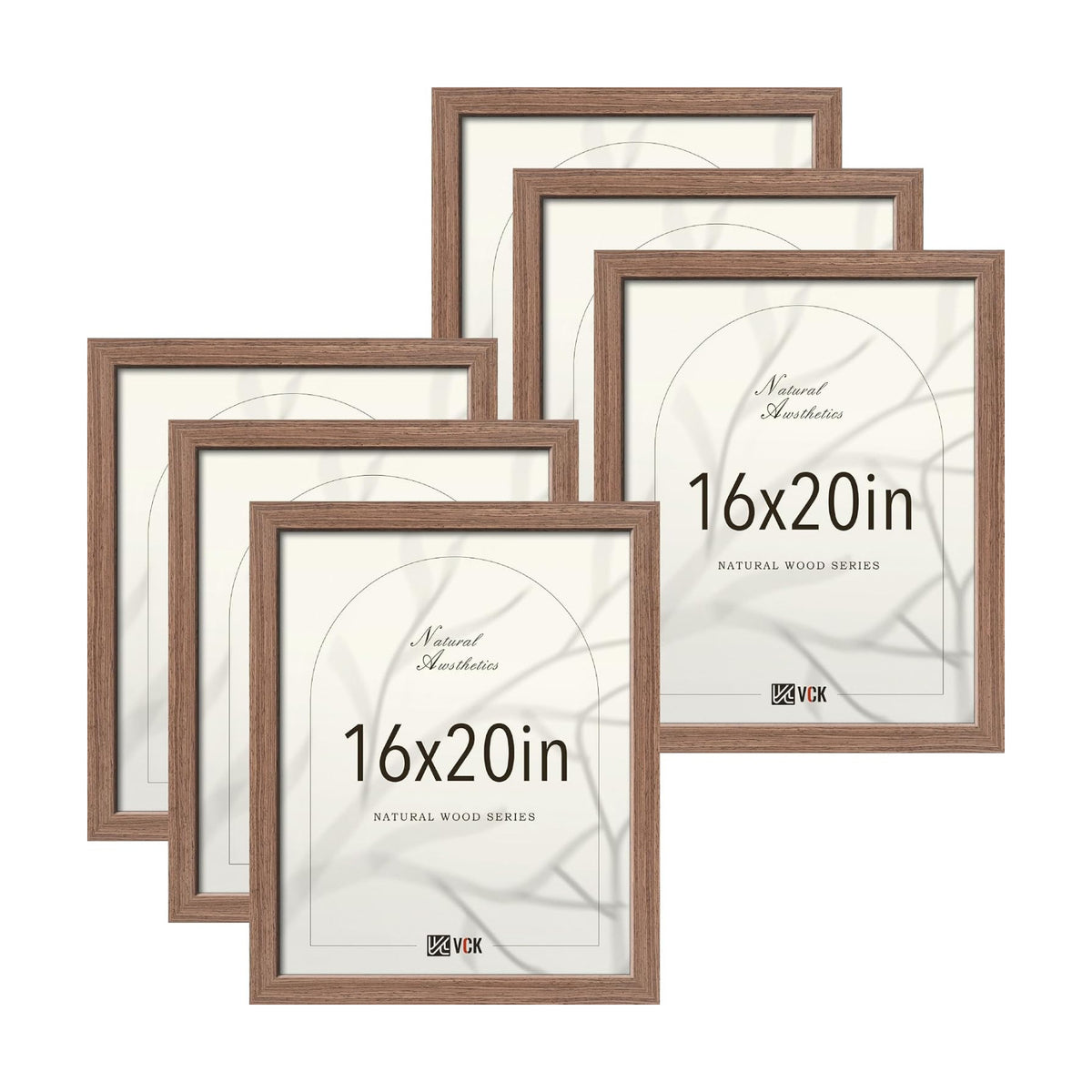 VCK 16x20 Frames Set of 6, Elegant Walnut Wood Poster Frame | 1.1in Wide Border, Wall Hanging, HD Plexiglass