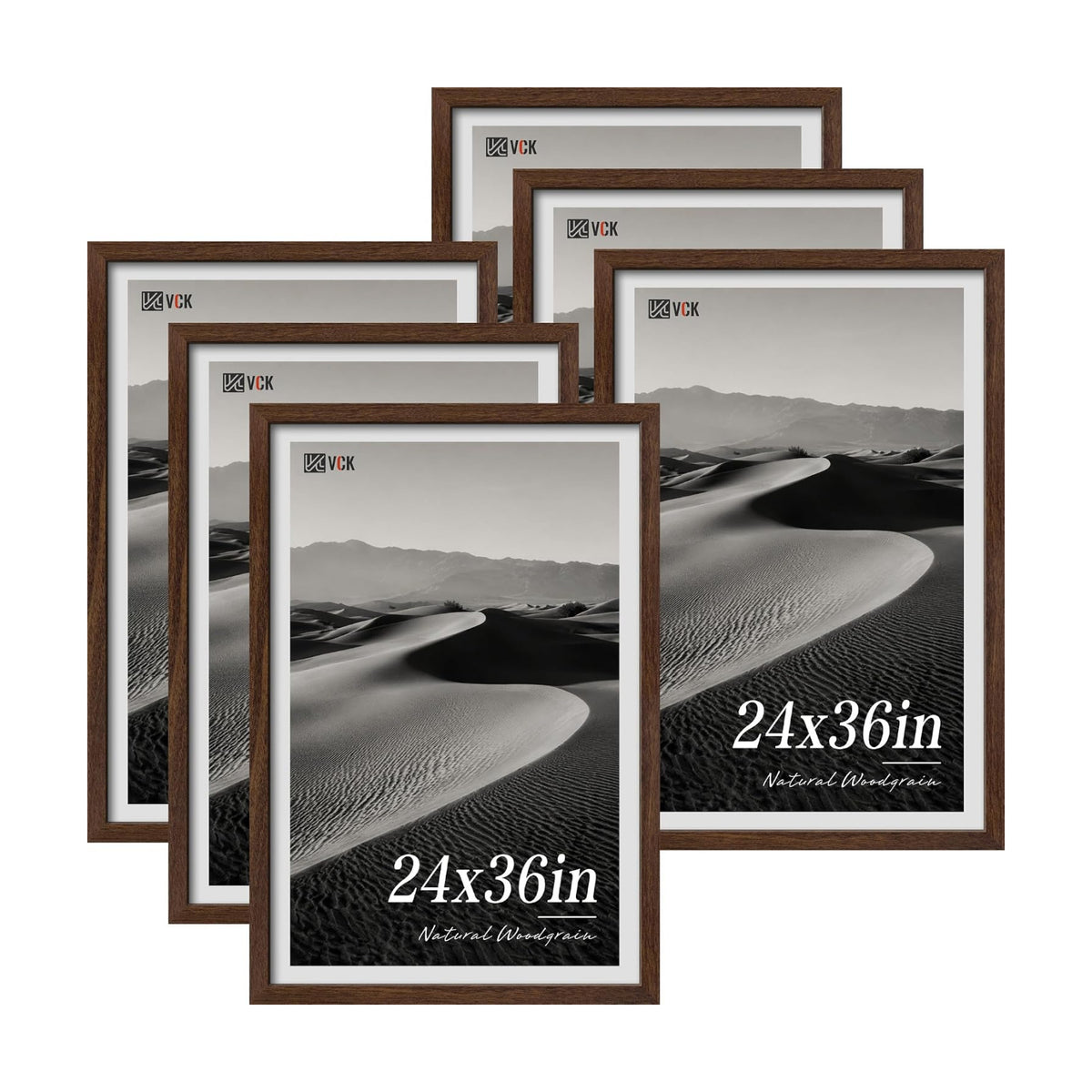 VCK 24x36 Poster Frame Set of 6, Elegant Brown Wood Picture Frame | 1.1in Wide Border, Wall Hanging, HD Plexiglass