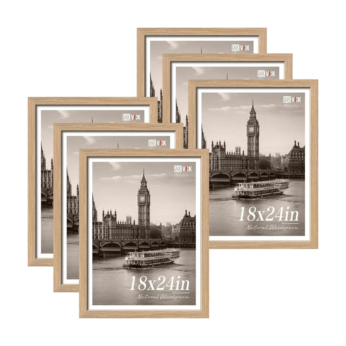 VCK 18x24 Frame Set of 6, Elegant Oak Wood Poster Frame | 1.1in Wide Border, Wall Hanging, HD Plexiglass